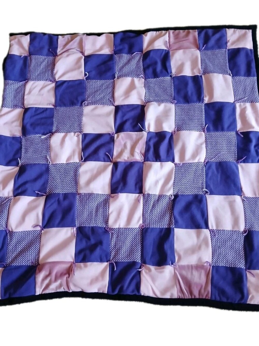 Handmade Baby Quilt Purple & Pink Checkered Black Fleece Back Blanket 37 x 37 in